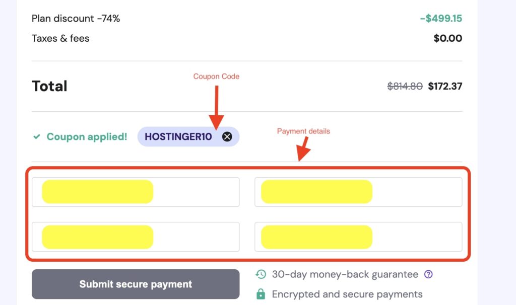 Add discount coupon and payment details