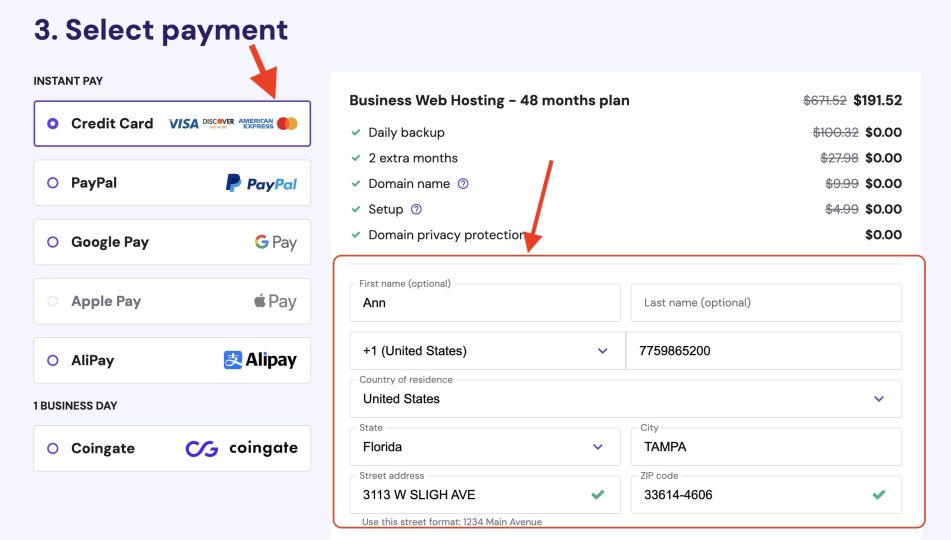 Select payment for hostinger and address